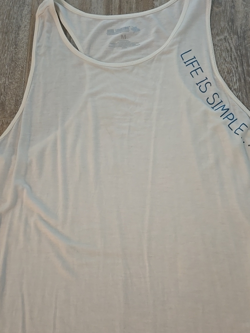 Reel Legends White Tank Top with Blue 'Life Is Simple' Just Add Water Script